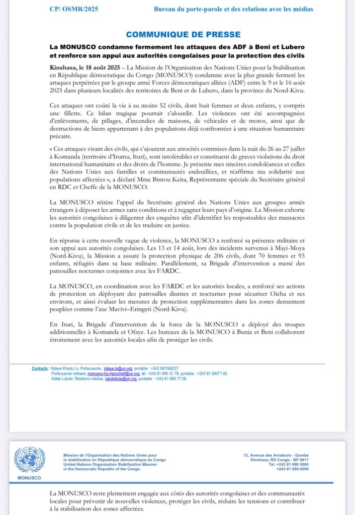 Nord-Kivu : La MONUSCO condamne les récentes attaques meurtrières des ADF