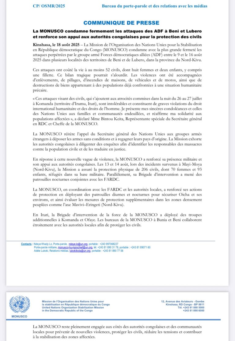 Nord-Kivu : La MONUSCO condamne les récentes attaques meurtrières des ADF