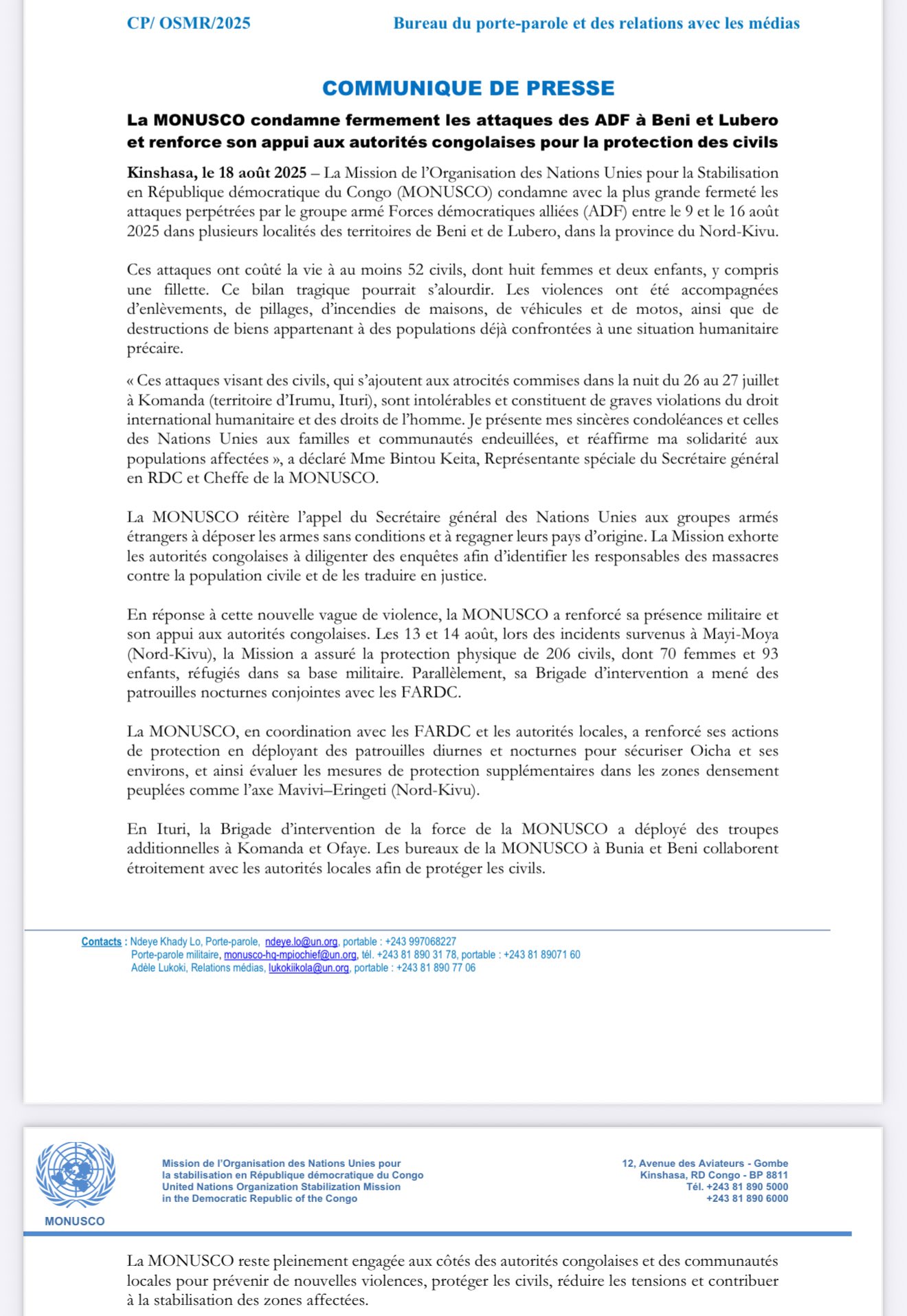 Nord-Kivu : La MONUSCO condamne les récentes attaques meurtrières des ADF