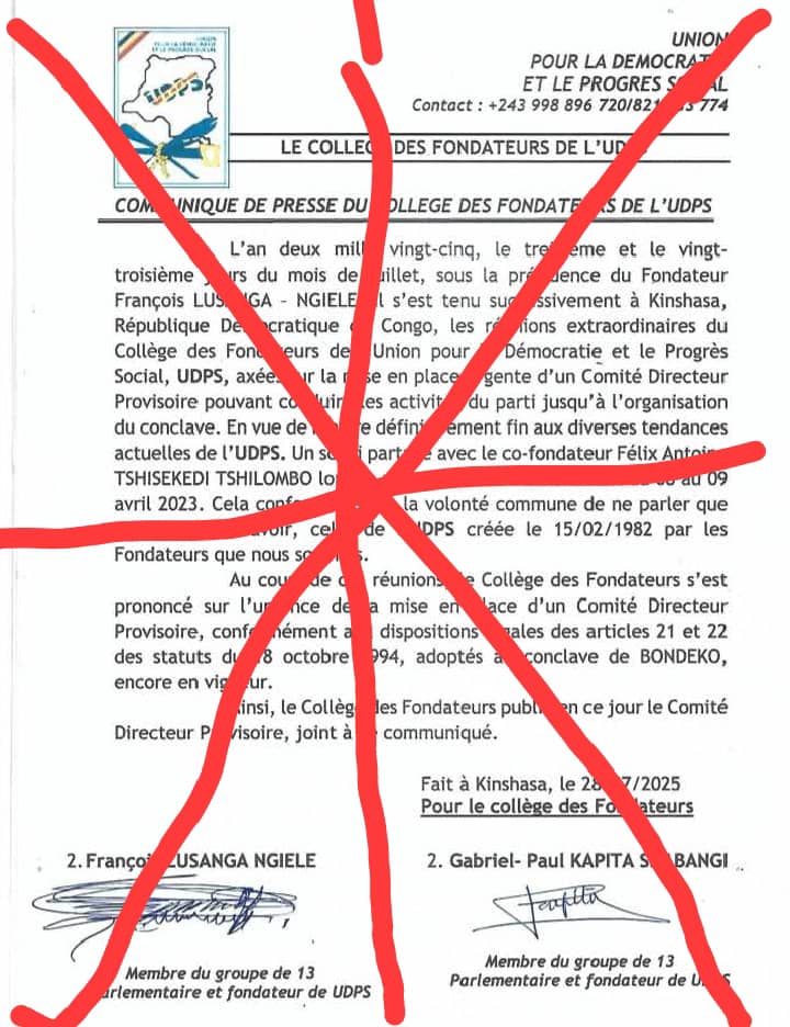 Communiqué de presseKinshasa, le 14 août 2025 Le doyen des fondateurs de l’union pour la Démocratie et le Progrès Social, M. Charles D. Onken, a tenu à réaffirmer publiquement son attachement indéfectible au Chef de l’État et à sa vision de gouvernance.